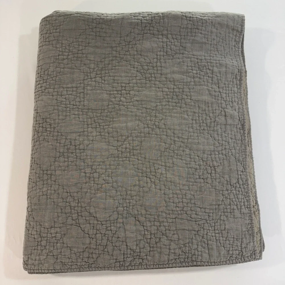 RH Restoration Hardware Linen Cotton Kantha Pick Stitch Quilt King Grey Taupe